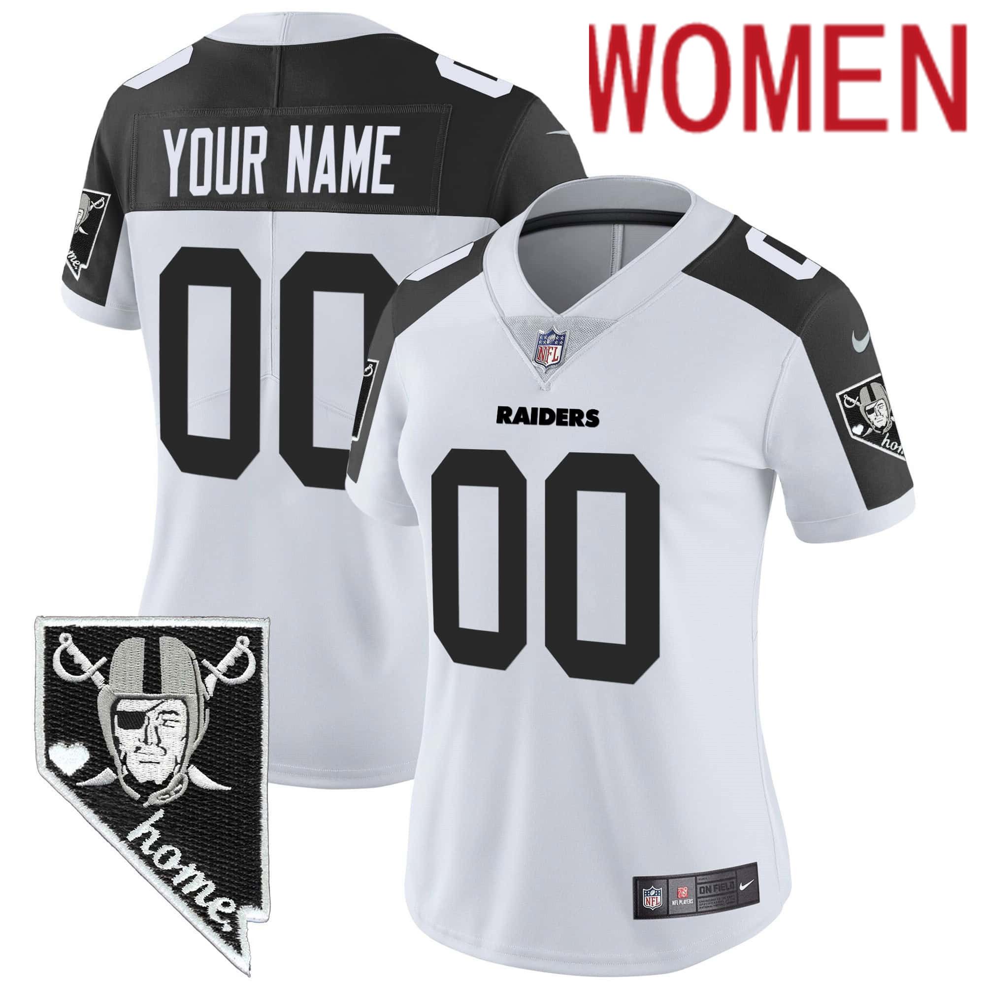 Women Oakland Raiders White 2024 Nike Nevada Home Patch Vapor Custom NFL Jersey style 1
